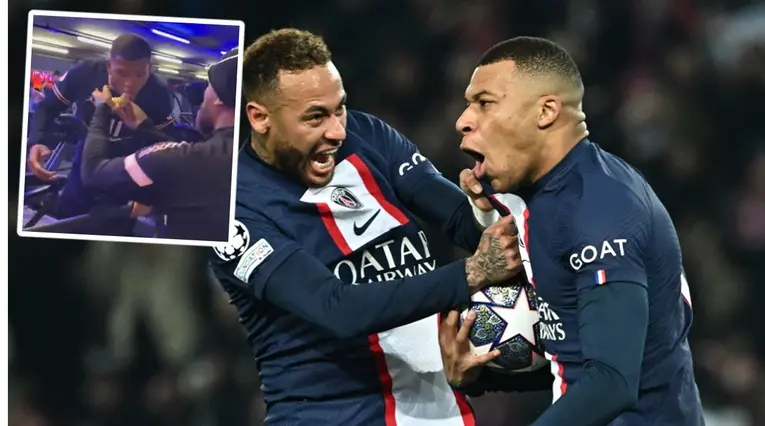 Neymar y Mbappé comiendo pizza