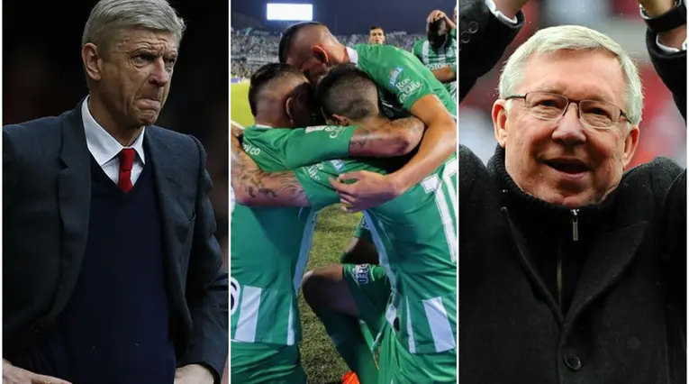 Arsene Wenger y Alex Ferguson - equipo de Nacional celebrando un gol 