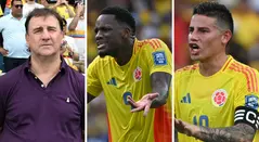 Néstor Lorenzo, Jhon Jader Durán y James Rodríguez con la selección Colombia