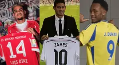 Luis Díaz, James Rodríguez y Jhon Jáder Durán